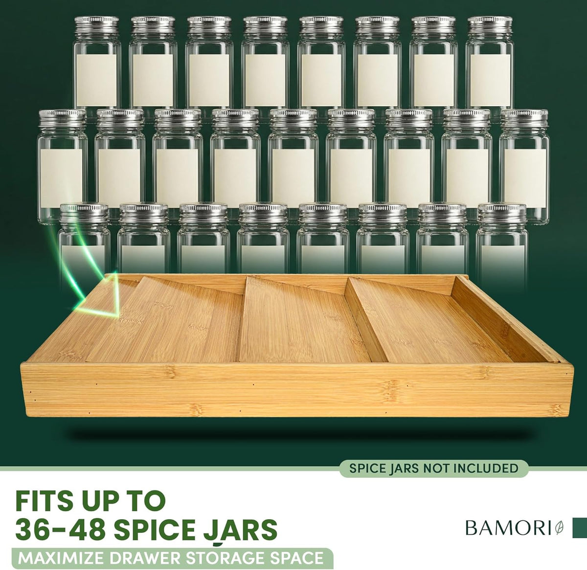 Bamboo Spice Drawer Organizer – Expandable Spice Rack for Drawer – 4 Tiered Premium Bamboo Kitchen Seasoning Organizer for Drawer Spice Organizer, Seasoning rack insert for Cabinet
