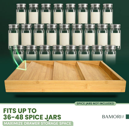 Bamboo Spice Drawer Organizer – Expandable Spice Rack for Drawer – 4 Tiered Premium Bamboo Kitchen Seasoning Organizer for Drawer Spice Organizer, Seasoning rack insert for Cabinet