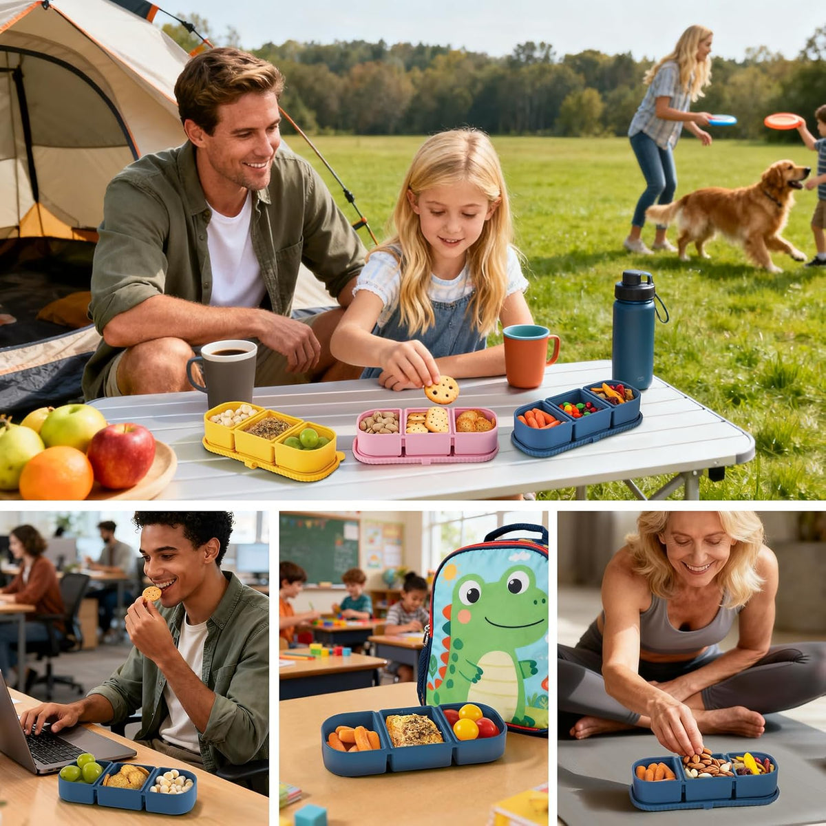 Silicone Reusable Snack Containers with Lids - 8 oz Double Compartment Snackle Box for Kids & Adults, BPA-Free & Leakproof, Small for Dressing, Snacks, School, Office, Picnic