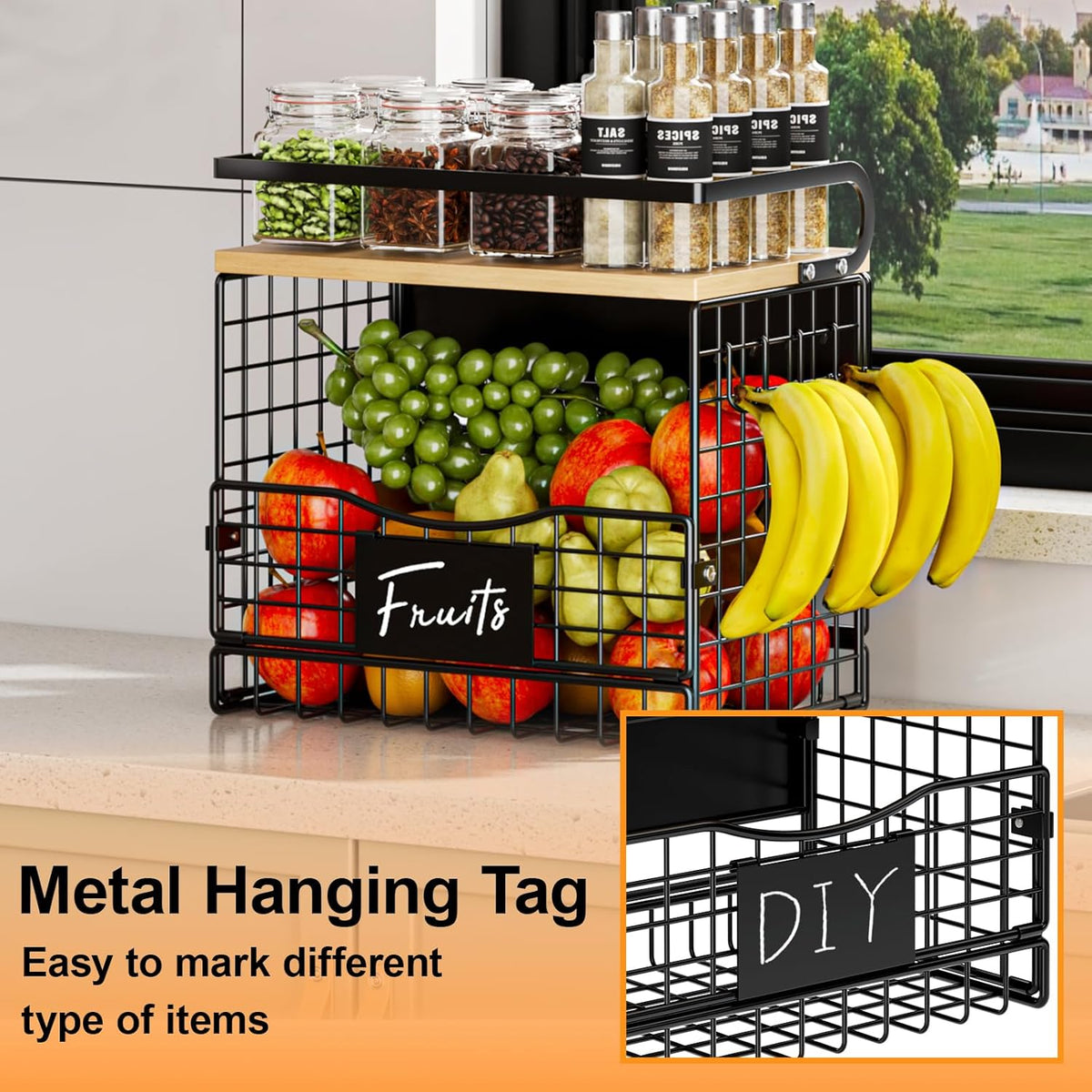 Magnetic Shelf for Fridge,Hanging Wall Basket for Potato Onion Fruit and Vegetable Storage Bins,Large Produce Container Magnetic Spice Rack for Refrigerator Kitchen Counter Pantry,Black