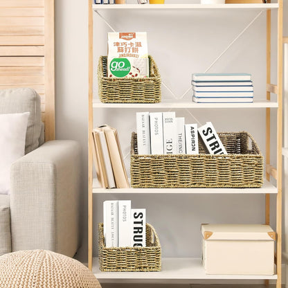 Rattan Storage Baskets, Handwoven Wicker Storage Bins with Built-in Handles, Storage Container Baskets for Shelves, Bedroom, Bathroom, Laundry Room or Kitchen(Natural)