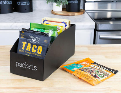 AuldHome Design Enamelware Food Packet Organizers (2-Pack, Black), Modern Farmhouse Pantry Organization Divided Compartment Bins for Mixes and Spice Packets