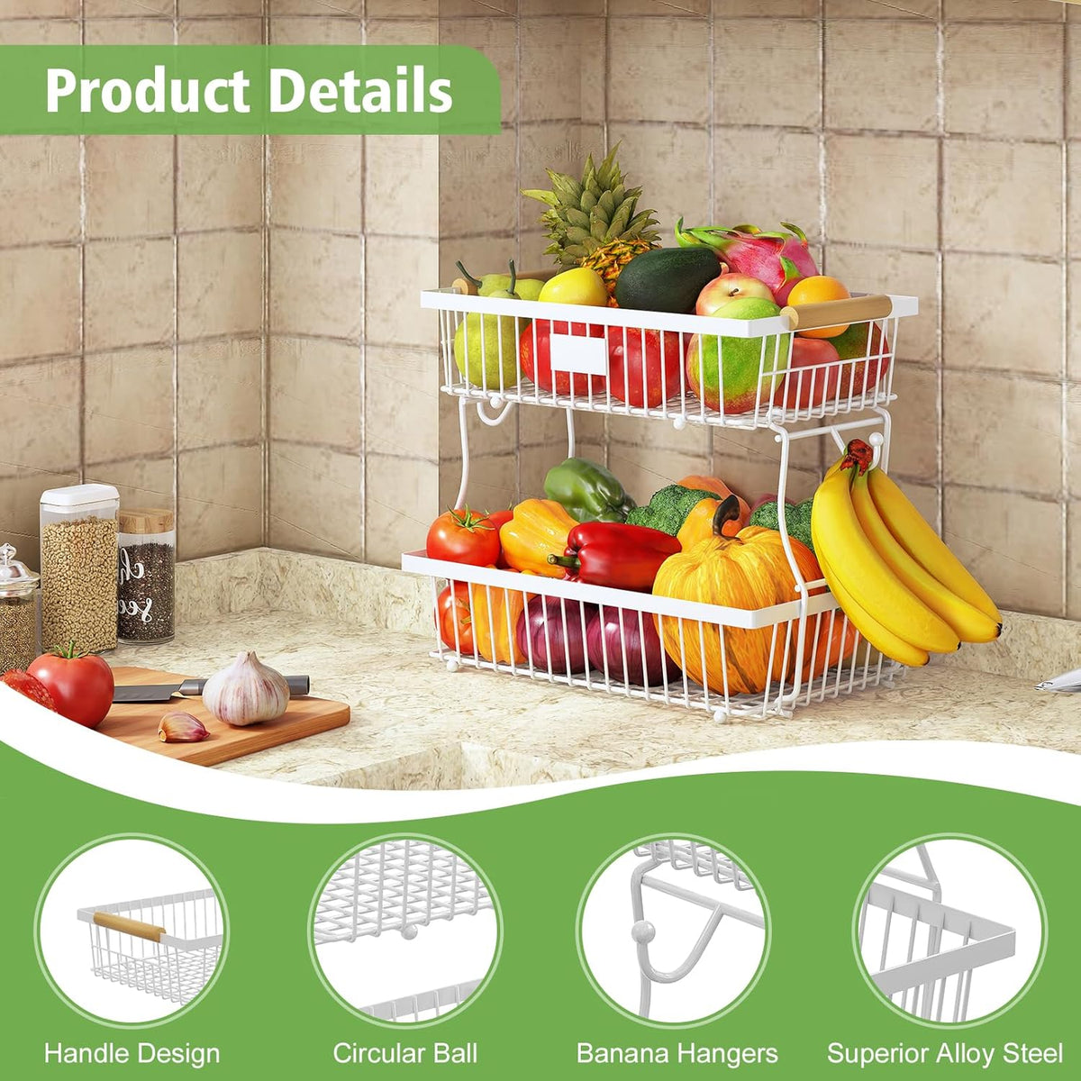 2 Tier Fruit Basket for Kitchen Counter with 2 Banana Hangers, Countertop Metal Bread Basket with Wooden Handle, Large Storage Stand for Vegetables, Snacks, Eggs, Produce Storage – Black