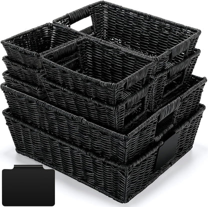 Marsui 9 Pcs Wicker Storage Baskets for Pantry Organization with Handle Labels Handwoven Multi-size Dark Brown Small Organizer Baskets Storage Bin Container for Shelves Closet Toilet Christmas Holiday