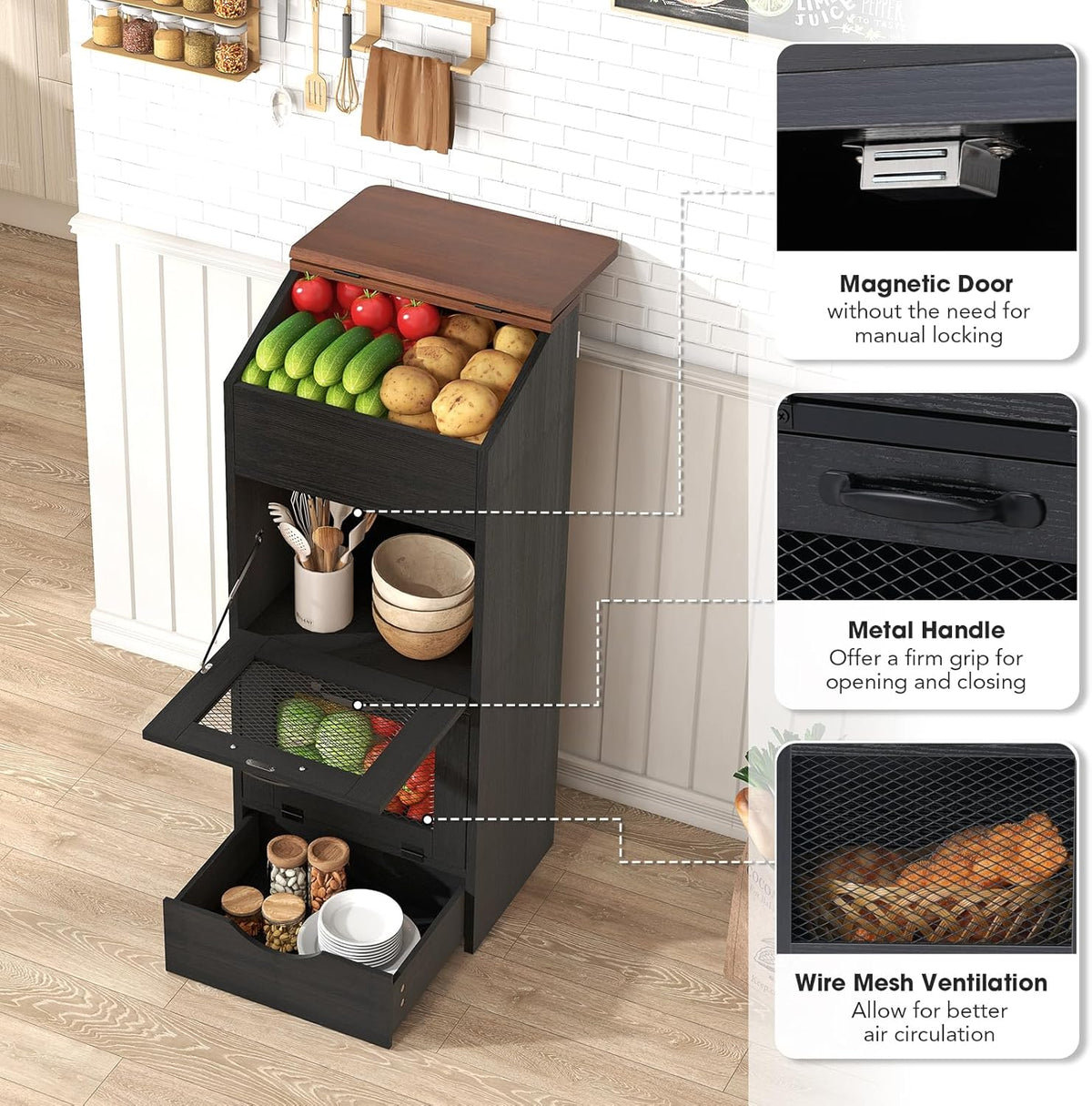 Patiorama Wood Potato and Onion Storage Bin Box with Lid, 4-Tier Farmhouse Wooden Bread Box Cabinet with 2 Mesh Doors & Rolling Drawer, Large Vegetable Storage Bin Organizer for Kitchen Pantry White