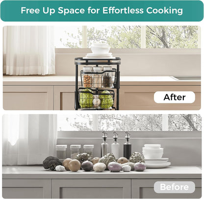 5 Tier Kitchen Fruit Vegetable Storage Cart with One-Piece Rotating Basket, Pantry Organizer Shelf Rack Floor Stand for Veggie Onion Potato Produce Spice, Rolling Snack Cart on Wheels, Black