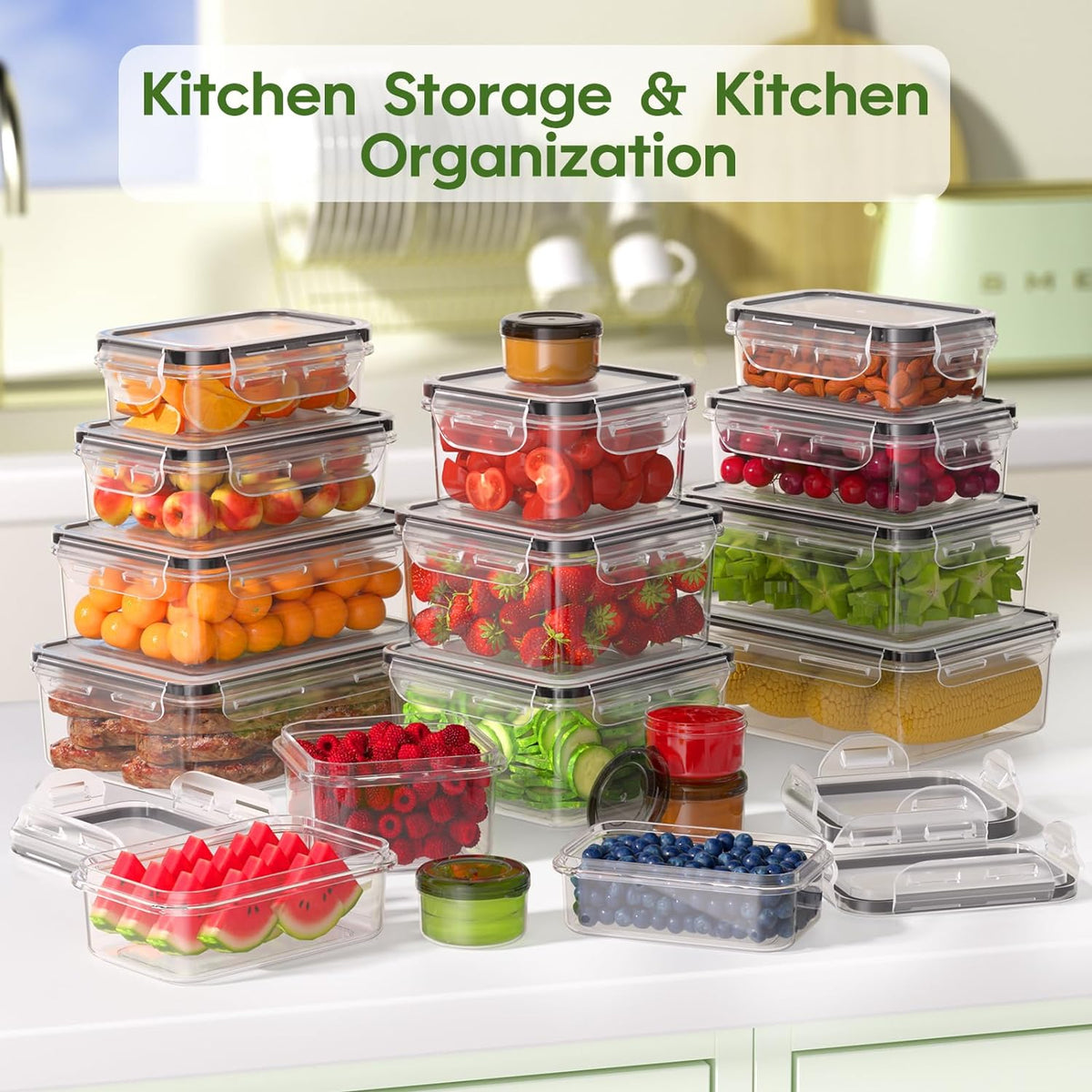KEMETHY Food Storage Containers with Lids(18 Container & 18 Lid), Plastic Food Containers for Pantry & Kitchen Storage and Organization, BPA-Free, Leak Proof, Reusable with Labels & Pen