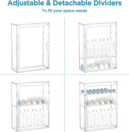 HBlife Baby Bottle Storage Organizer for Countertop Cabinet, 3 Tiers Adjustable Clear Acrylic Bottles Storage Station Case Box Container with 2 Removable Dividers and Magnetic Door, Large
