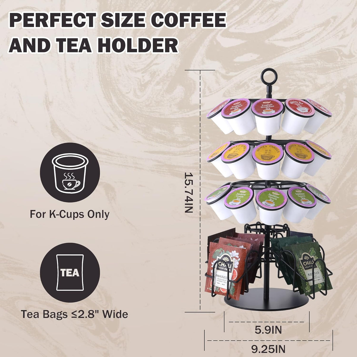 4-Tier K-Cup Holder Compatible with 36 K-Cups, Coffee Pod Carousel, Coffee Pod Storage Stand Detachable Organizer for Countertop, Spins 360-Degrees
