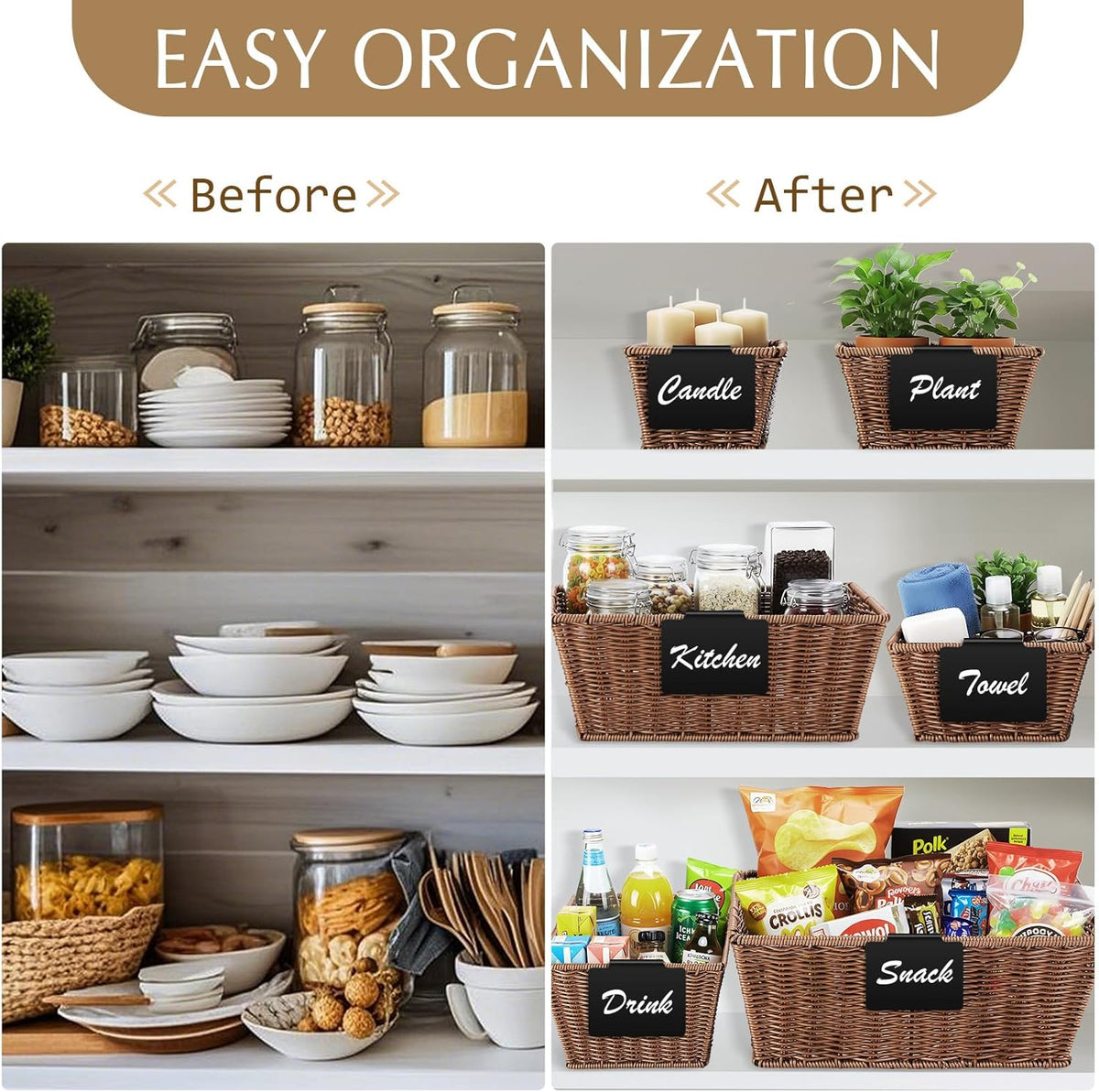 Marsui 6 Pcs Wicker Storage Baskets with Labels Handwoven Multi-size Brown Wicker Storage Bins for Organizing Small Baskets Container for Shelves Closet Pantry Toilet(Brown )