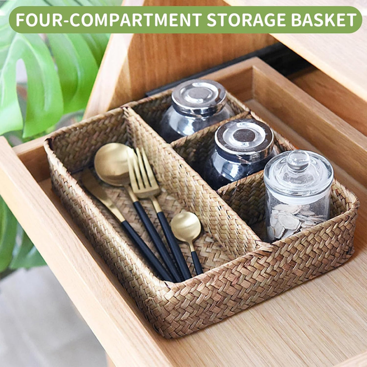 Wicker Baskets 4-Section Tea Bag/Sugar Packet Holder,Seagrass Woven Compartment Organizer,Storage Rattan Divided Basket,Office-Desk Baskets for Shelves,Pantry,Coffee Station Organizer,Countertops