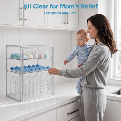 HBlife Baby Bottle Storage Organizer for Countertop Cabinet, 3 Tiers Adjustable Clear Acrylic Bottles Storage Station Case Box Container with 2 Removable Dividers and Magnetic Door, Large
