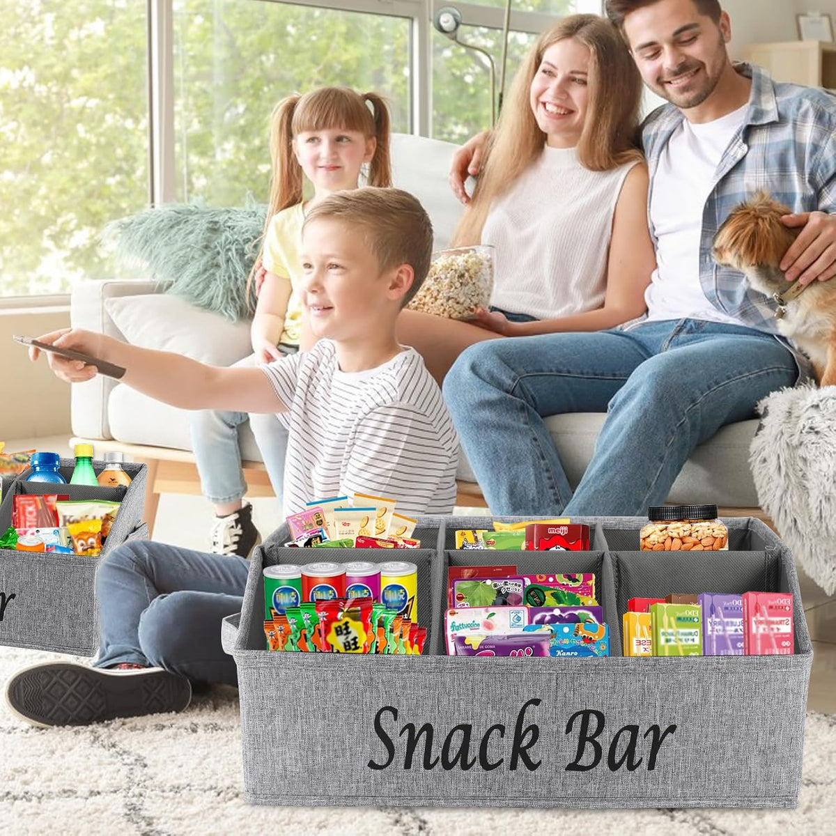 Snack Organizer for Countertop, Trapezoid Fabric Snack Bin Holder with Side Handles, 6 Compartment Snack Basket Container, Lightweight Snack Bar Station Organizer, Kitchen Pantry Storage-Black