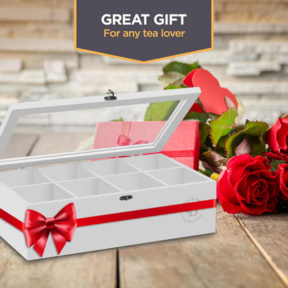 Tea Bag Organizer with Drawer - Bamboo Tea Box Organizer, 8-Compartment Tea Storage Box with Acrylic Lid and Magnetic Closure, Tea Box for Kitchen Counter, Gifts for Mom, Wife, Tea Lovers