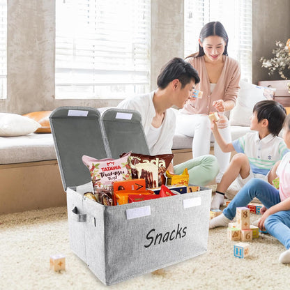 Snack Organizer for Pantry Shelf, Fabric Snack Organizer with Double Lids & Handles, Large 2-Compartment Snack Bin Snack Holder, Snack Basket for Chips Packets, Snack Bar Station Decor -Black