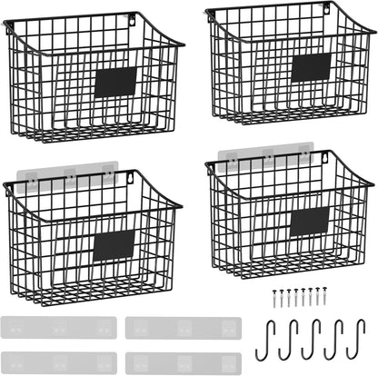 Wall Mounted Bin Basket with 5 Hooks 3 Label Plate Adhesive-3 Pack, Cabinet Hanging Metal Wire Basket,Rustic Farmhouse Decor, Storage Organization Shelf for Pantry Kitchen Bathroom 10.6*7.5*5.1inch