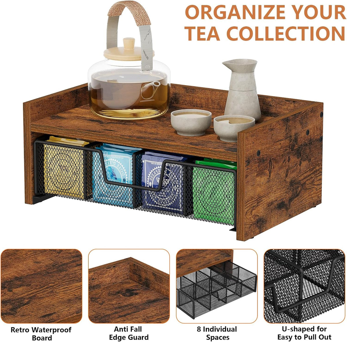 YINMIT Tea Bag Organizer, Tea Bag Holder with Drawer, Wood Tea Box Organizers and Storage Chest, Tea Station Chest Display for Countertop Kitchen, Office