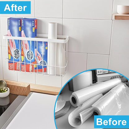 Cabinet Door Organizer Basket 2 Pack, Foil and Plastic Wrap Organizer with 2 Sponges, Lid Organizers Inside Cabinet, Metal Basket for Kitchen Organizers and Storage, Utility, Black (Medium,Large)