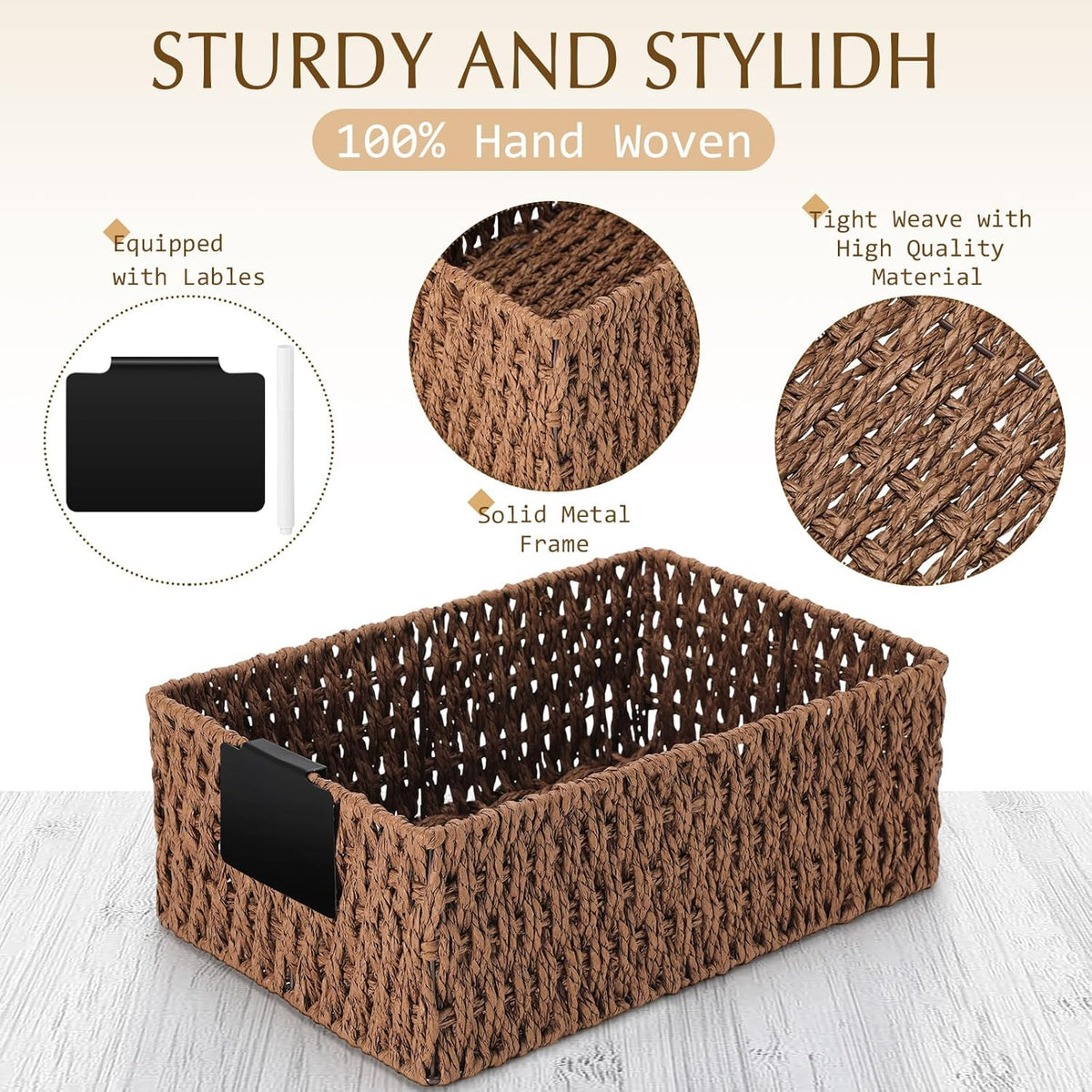 Marsui 6 Pcs Wicker Storage Baskets with Labels Handwoven Multi-size Brown Wicker Storage Bins for Organizing Small Baskets Container for Shelves Closet Pantry Toilet(Brown )