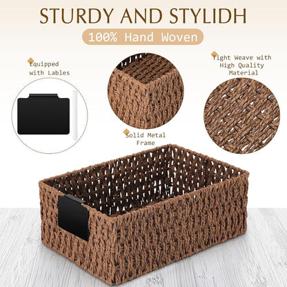 Marsui 6 Pcs Wicker Storage Baskets with Labels Handwoven Multi-size Brown Wicker Storage Bins for Organizing Small Baskets Container for Shelves Closet Pantry Toilet(Brown )