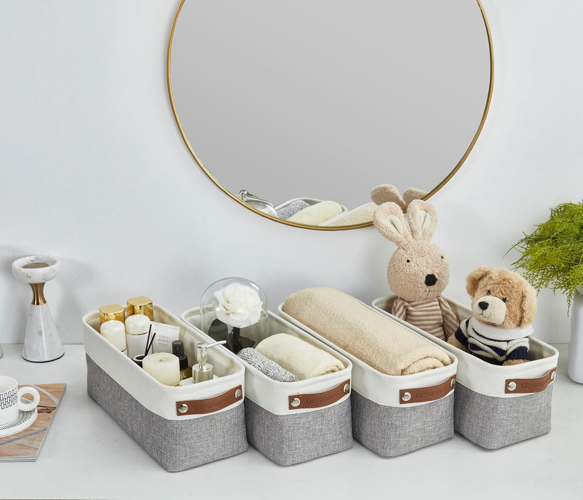 DECOMOMO Storage Bins, Large Fabric Storage Baskets for Shelves, Decorative Linen Closet Organizer, 15 x 11 x 9.5 inches (Beige & White, 3 Pack)