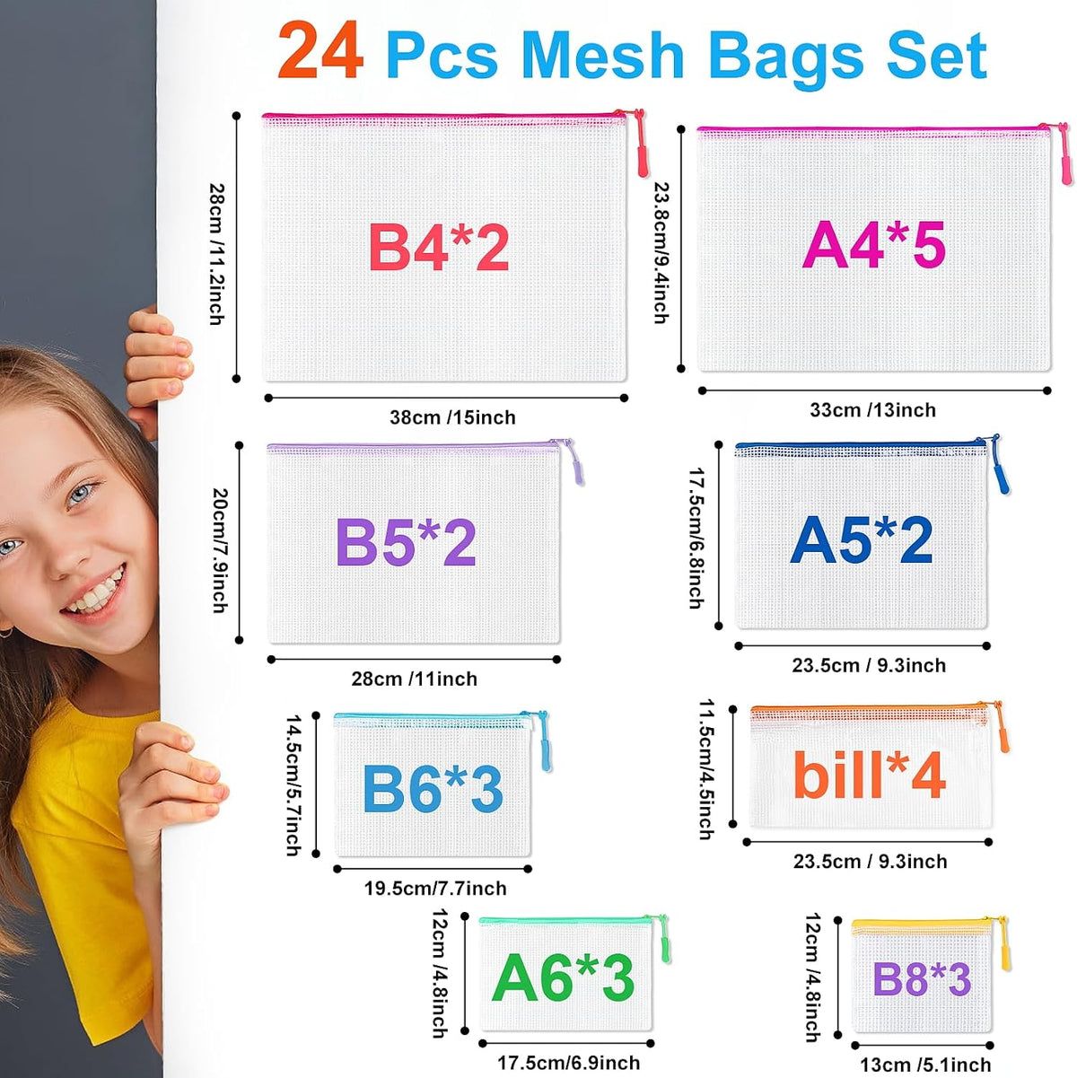 24 Pcs Mesh Zipper Pouch Bags, Plastic Zipper Pouches for Classroom in 8 Sizes, Waterproof Mesh Zipper Bags for Organizing, Clear Zipper Pouches for Organizing, Travel, Office Supplies