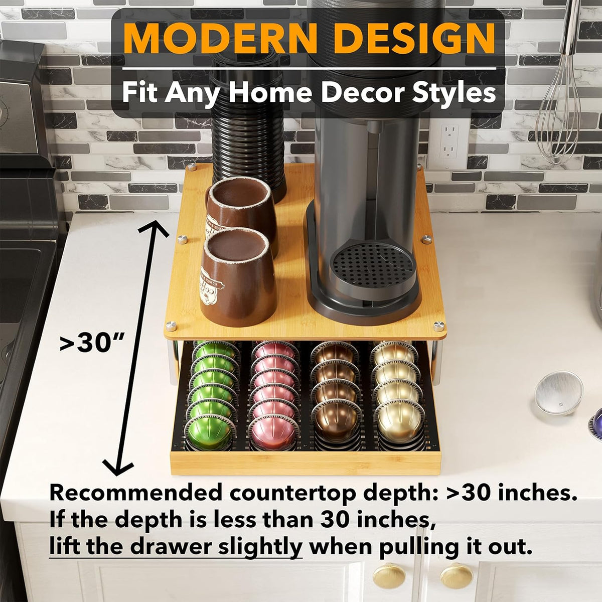SpaceAid Bamboo Coffee Pod Holder Drawer Storage Compatible with Nespresso Vertuo Capsules, Coffee Station Accessories Holder Organizer Tray Compatible with 40 Big or 56 Small Pods, Natural