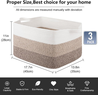 OIAHOMY Storage Basket, Woven Baskets for Storage, Cotton Rope Basket for toys,Towel Baskets for Bathroom - Pack of 3, Gradient Yellow