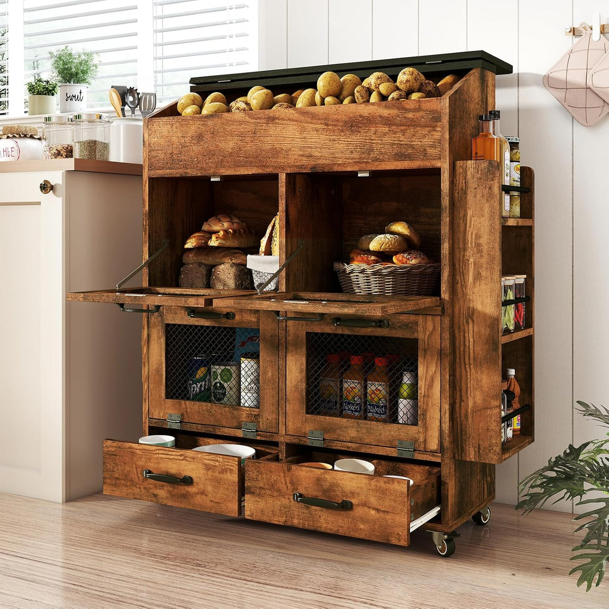 Verano Garden Potato and Onion Storage Bin on Wheels, Wood Bread Box with Lid & Mesh Doors, 4-Tier Rolling Fruit and Vegetable Storage Organizer w/Drawer & Side Rack for Kitchen (Rustic Brown, 16.0")