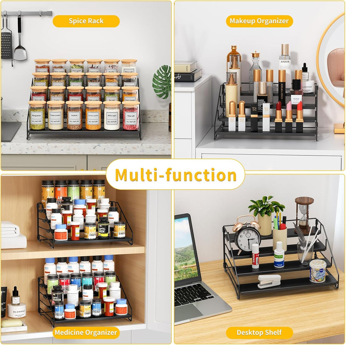 RCHYFEED Spice Rack Organizer for Cabinet Pantry,4 Tier Spice Rack Countertop, Depth Adjustable Spice Organization for Cabinet,Tierd Seasoning Organizer for Cabinet(Black) | for Cabinet Pantry