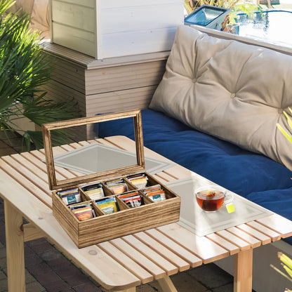 Alsonerbay Wooden Tea Box Tea Bag Holder Kitchen Storage Chest Box for Spice Pouches and Sugar Packets with 8 Compartments and Glass Window Weathered Black