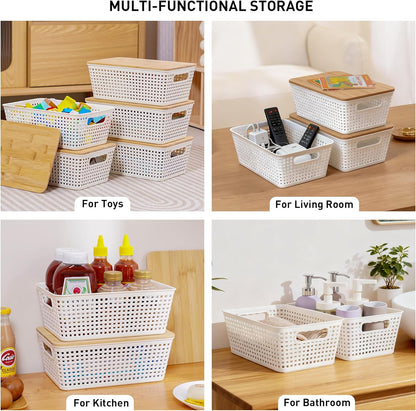 Small Storage Bins with Lids 6 Packs, Plastic Storage Basket with Bamboo Lid for Pantry Organization and Storage Containers for Shelves Drawers Desktop Closet Playroom Office Home, White