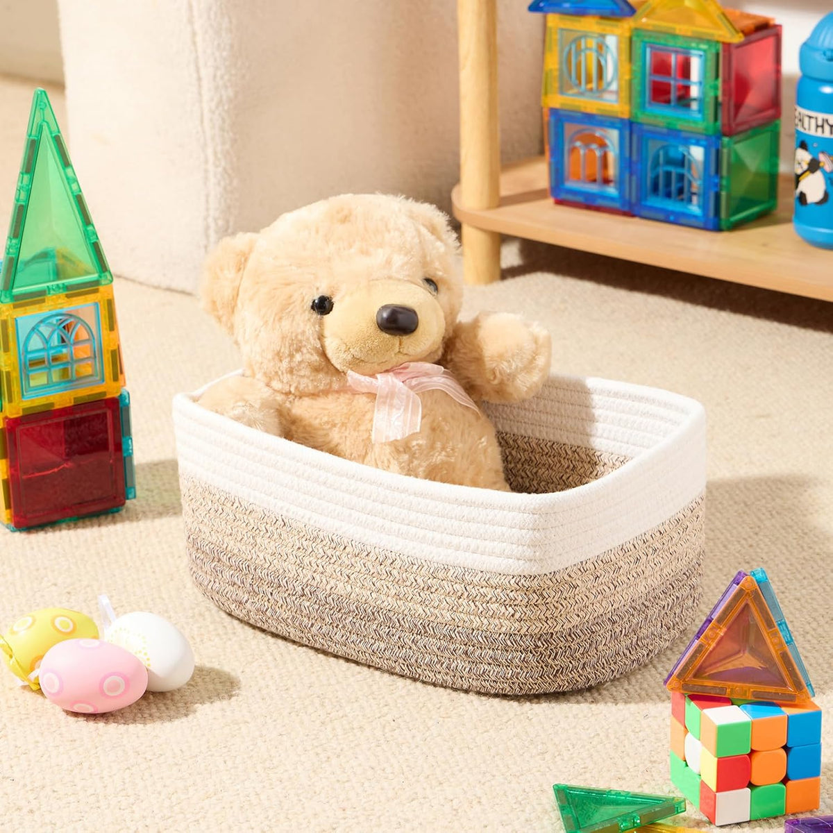 MiniArk Small Storage Baskets for Organizing | Closet Organizer Bins | Shelf Toy Basket | Woven Rope Baskets | Cube Decorative Box | Shallow Basket | L11.5xW7.5xH4.7| Brown
