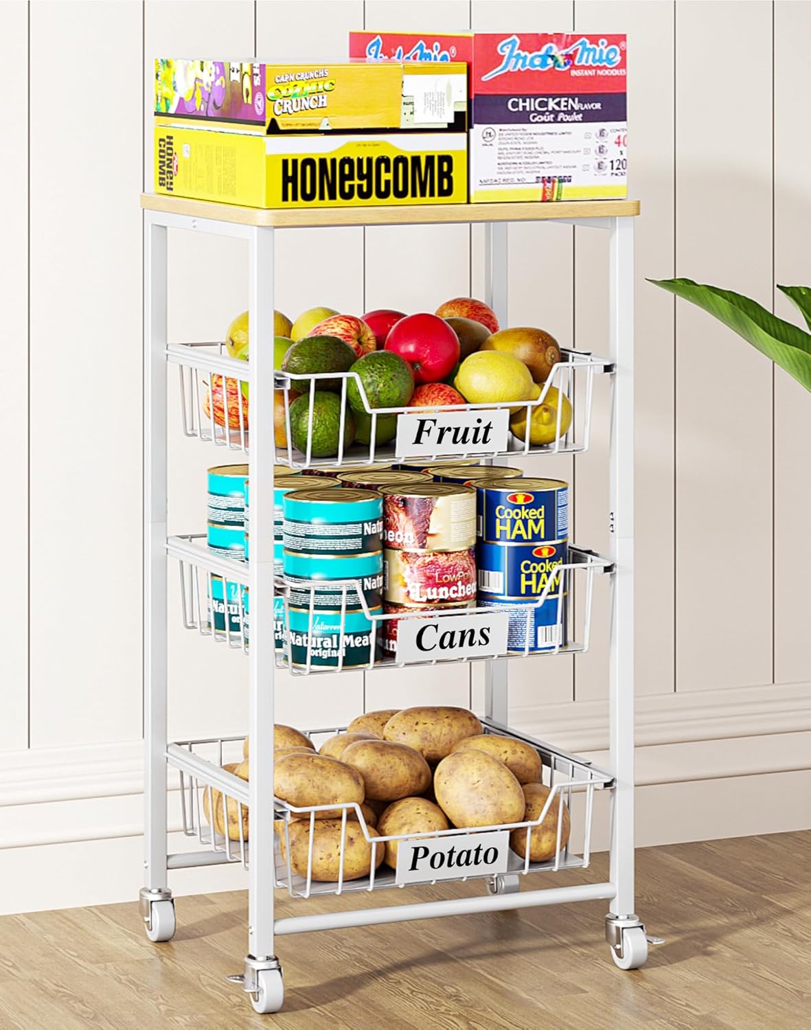 OKZEST 4-Tier Kitchen Storage Cart on Wheels – Mobile Fruit Basket Stand with Drawers & Wooden Top, Small Rolling Pantry Shelf for Potatoes, Onions, Bottled Drinks, Cans, Snacks – Includes 3 PE Liners