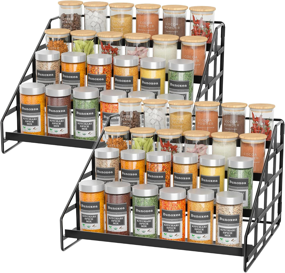 Bunoxea 4 Tier Adjustable Spice Rack for Cabinet & Countertop, Black | Depth Adjustable,Anti-drop Guard Rail,Tiered Cabinet Organizer,Holds 24+ Jars,for Cabinet, Pantry & Kitchen Countertop