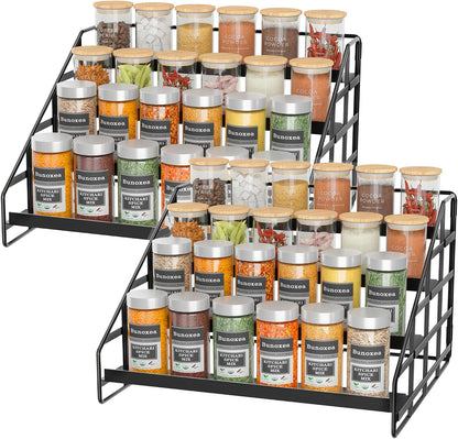 Bunoxea 4 Tier Adjustable Spice Rack for Cabinet & Countertop, Black | Depth Adjustable,Anti-drop Guard Rail,Tiered Cabinet Organizer,Holds 24+ Jars,for Cabinet, Pantry & Kitchen Countertop