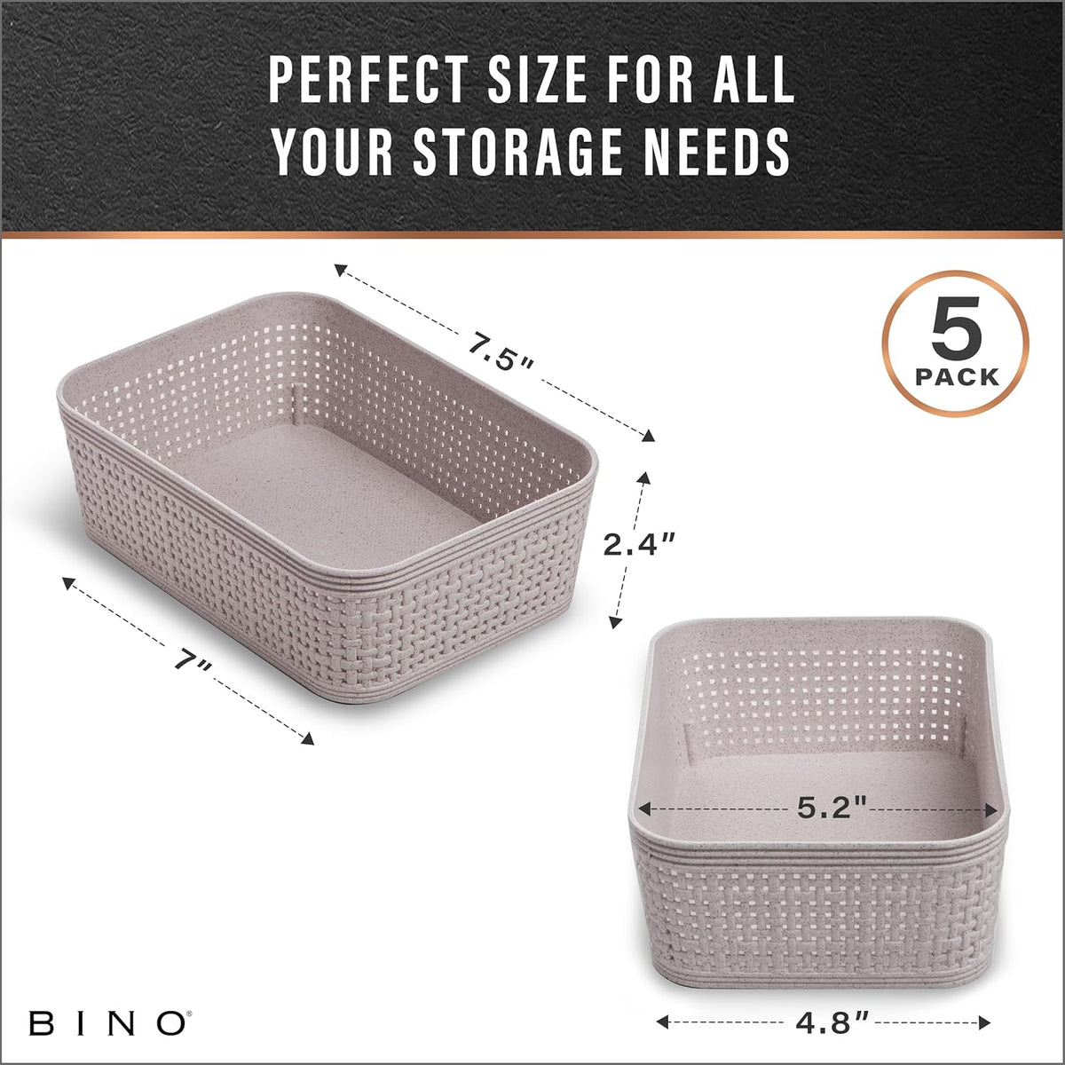 BINO | Woven Plastic Basket | Small (Natural), 5-Pack | THE JUTE COLLECTION | Home Organization, Space - Saving Storage, Stylish Design | Jute Basket | Plastic Storage Basket