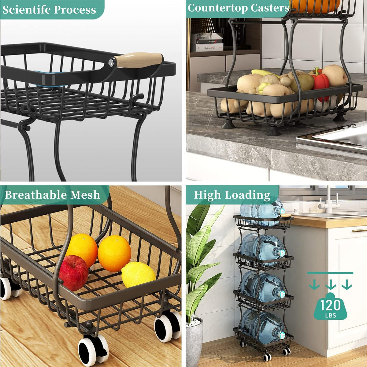CHLORYARD 4 Tier Slim Fruit Basket for Kitchen, Stackable Metal Wire Fruit Vegetable Storage Baskets Organizer Stand on Wheels, Produce Basket Potato Onion Storage Bins Rack for Pantry. (Black)