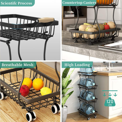 CHLORYARD 4 Tier Slim Fruit Basket for Kitchen, Stackable Metal Wire Fruit Vegetable Storage Baskets Organizer Stand on Wheels, Produce Basket Potato Onion Storage Bins Rack for Pantry. (Black)