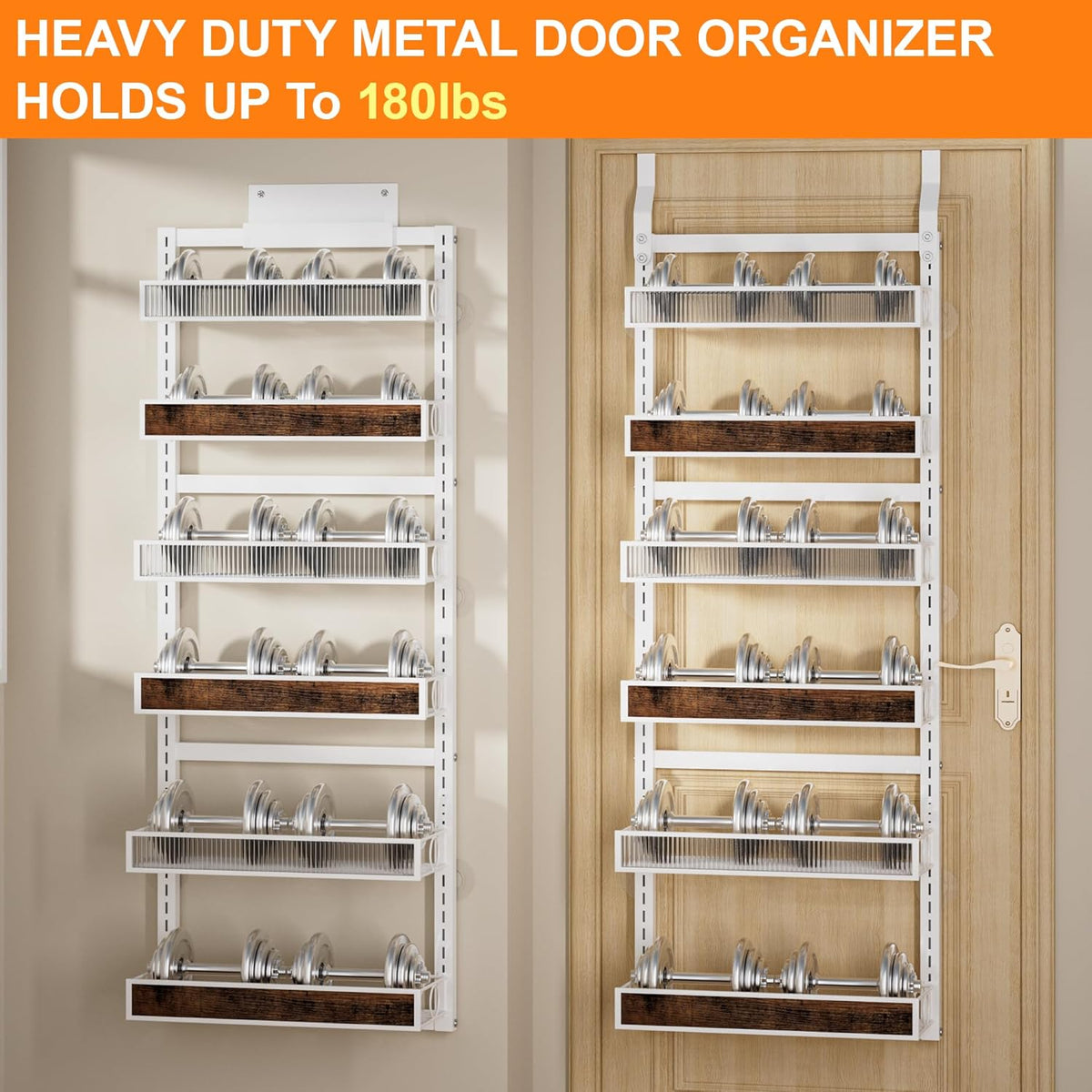8 Tier Pantry Door Organizer Spice Rack, 2-IN-1 Wall Mount or Hanging Over Door Seasoning Organizer with Adjustable Baskets, Heavy Duty Behind Door Storage Shelves for Pantry, Cabinet and Kitchen
