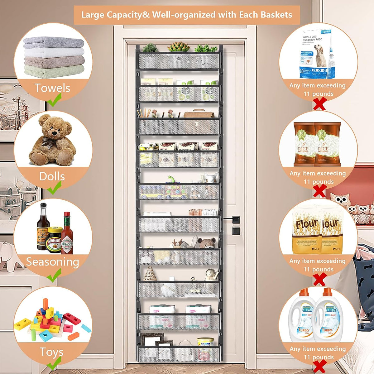 6-Tier Over The Door Pantry Organizer with Mesh Baskets, Adjustable & Stable Hanging Spice Rack for Kitchen, Bathroom, Bedroom, and Baby Essentials Storage