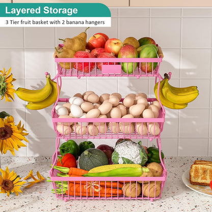 2 Tier Fruit Basket for Kitchen Counter with 2 Banana Hangers, Countertop Metal Bread Basket with Wooden Handle, Large Storage Stand for Vegetables, Snacks, Eggs, Produce Storage – Black
