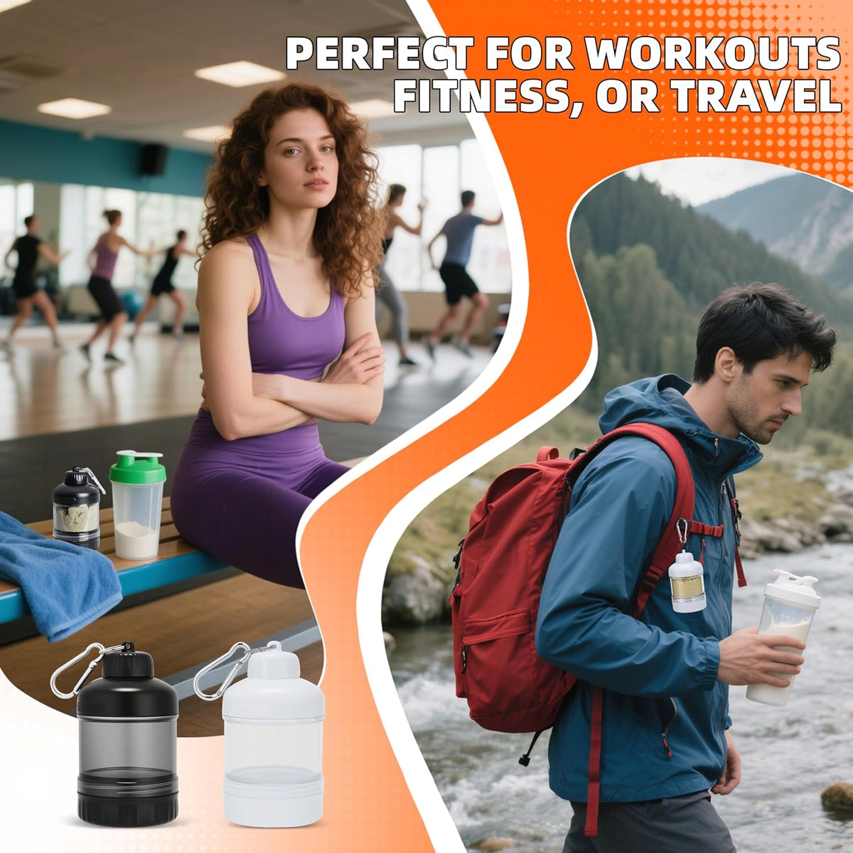 2 Pack Protein Powder Container to Go with Keychain & Keyring, Large Capacity, Clear, Leakproof, Ideal for workouts, fitness, or travel
