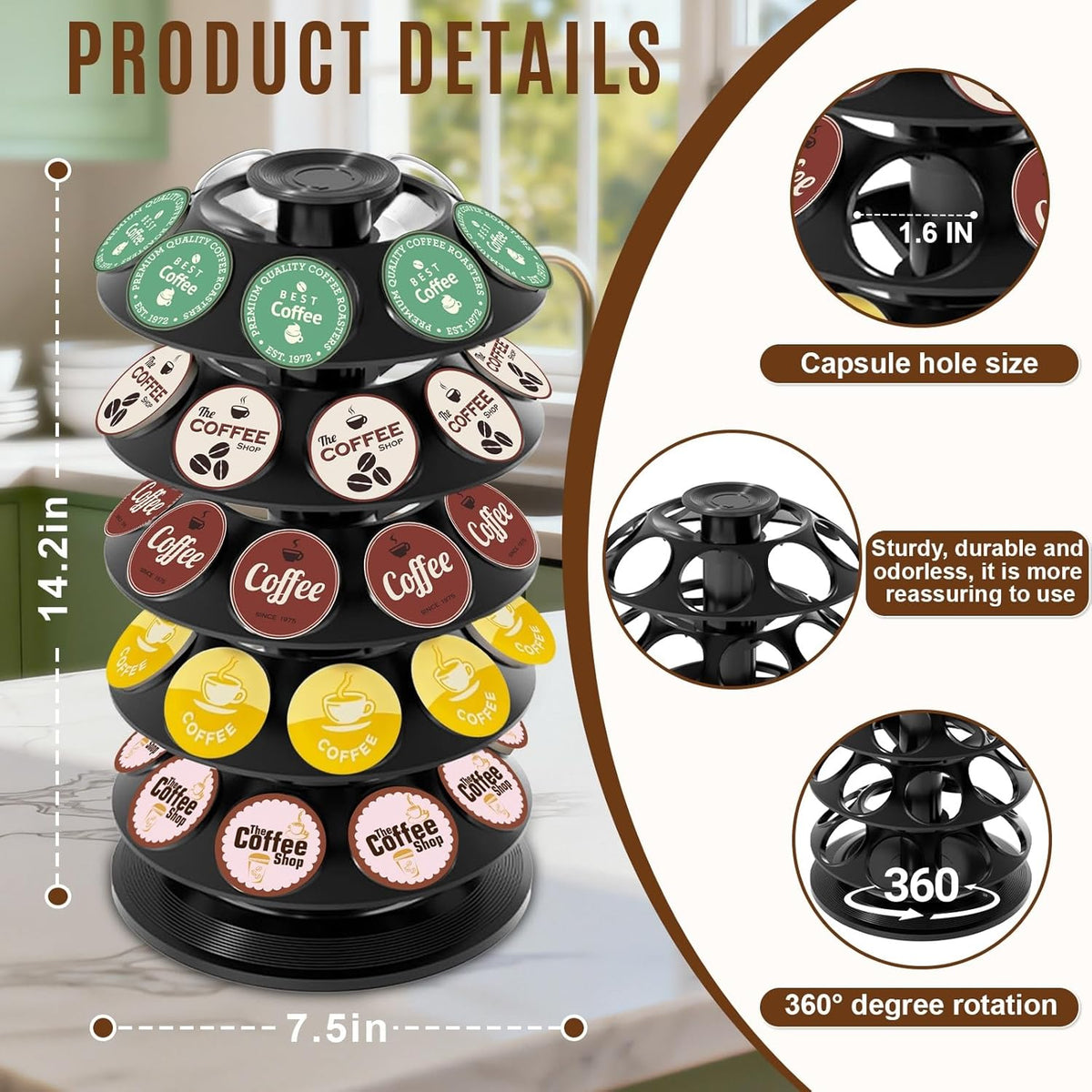 K Cup Holder, Coffee Pod Storage Carousel Holder Organizer Compatible with 40 Keurig K-Cup Pods, Home or Office Kitchen Counter Organizer