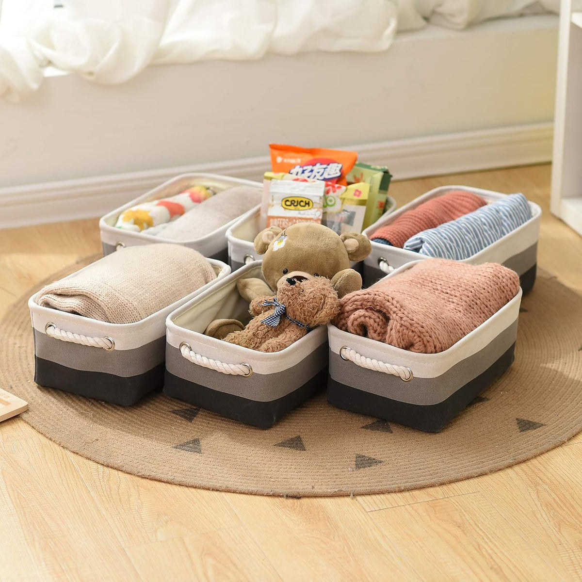 Fabric Storage Bins 12x8x5 inch [6-Pack] with Rope Handles - Decorative Baskets for Organizing