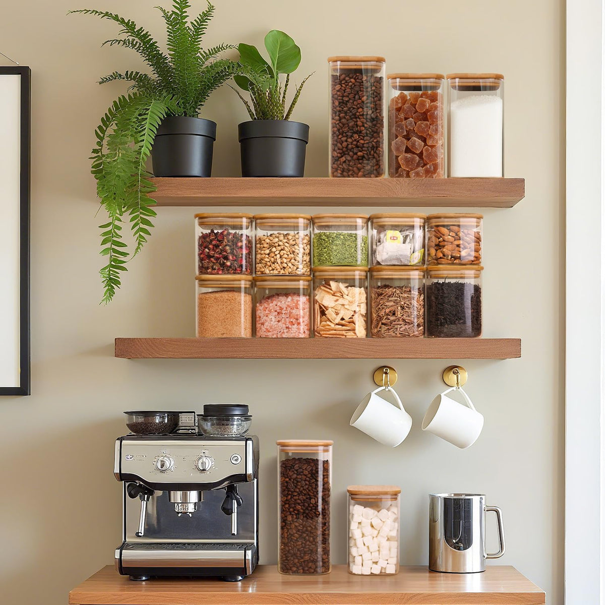 1Qt Airtight Glass Canisters with Bamboo Lid, Square Pantry Storage Containers for Coffee, Cookie, Candy, Snack, Nuts, Dry Goods - Kitchen & Pantry Organizers and Storage Containers
