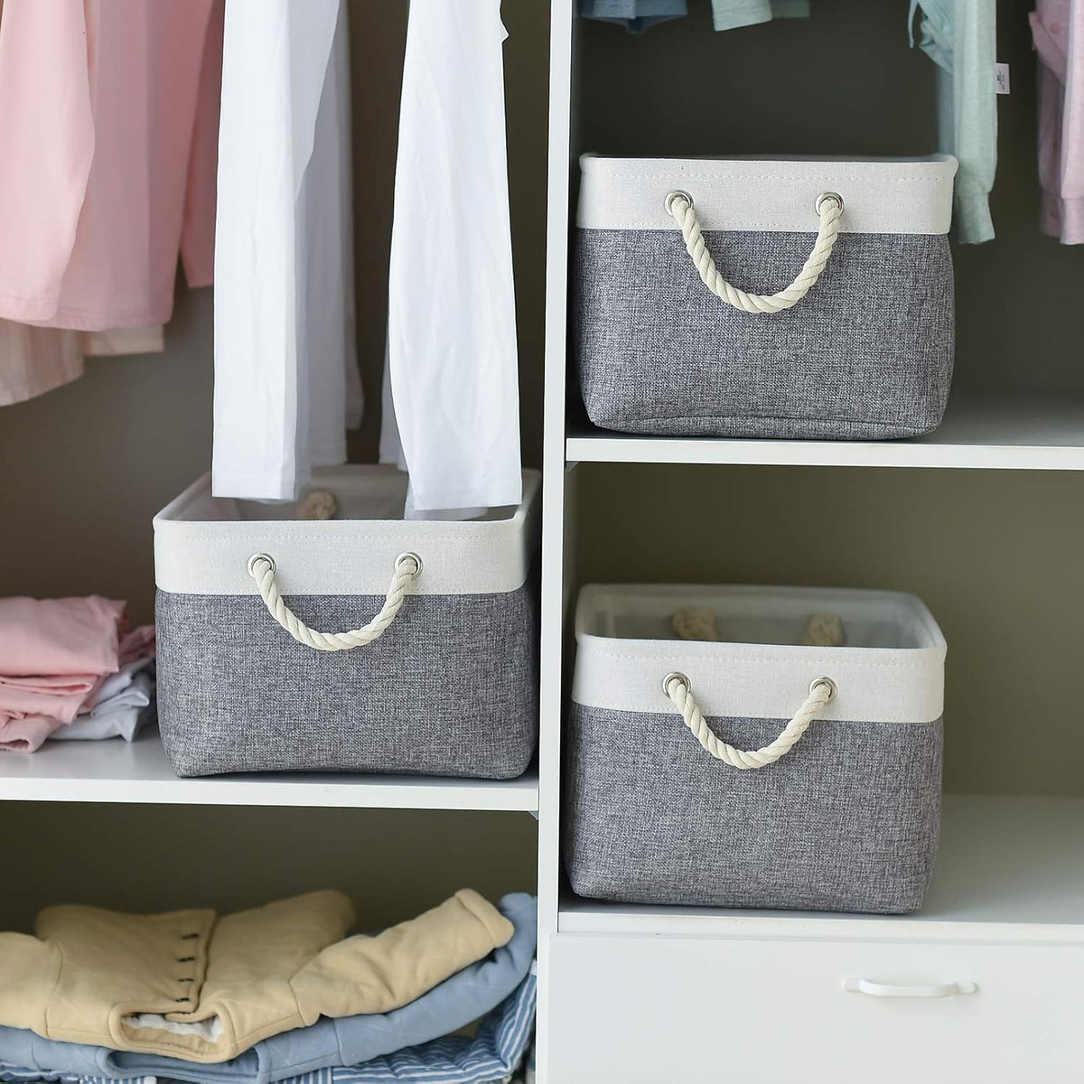 Fabric Storage Bins 12x8x5 inch [6-Pack] with Rope Handles - Decorative Baskets for Organizing