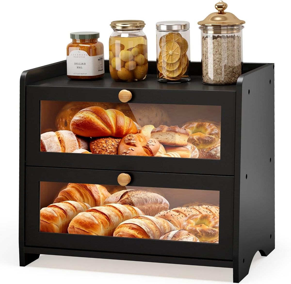 JANSNIMEN Double Layer Bread Box for Kitchen Countertop, Large Breadbox Bread Container Storage with Acrylic Door, Wooden Farmhouse Bread Holder (Black, Medim-15.7" L x 9.5" W x 13" H)