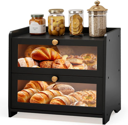 JANSNIMEN Double Layer Bread Box for Kitchen Countertop, Large Breadbox Bread Container Storage with Acrylic Door, Wooden Farmhouse Bread Holder (Black, Medim-15.7" L x 9.5" W x 13" H)