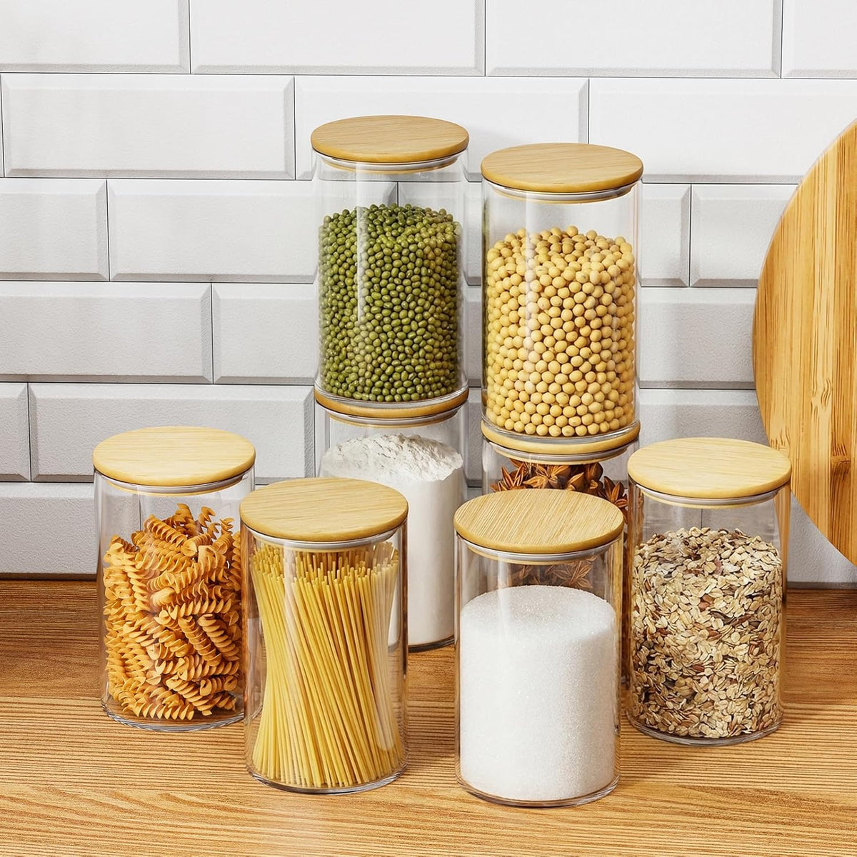 Glass Sugar Container with Spoon - 15oz Glass Jars with Bamboo Lid and Spoon, Bamboo Lid Storage Jar Canister for Coffee Beans, Spice, Brown Sugar, Tea, Flour, Nuts, Candy, Salts and More